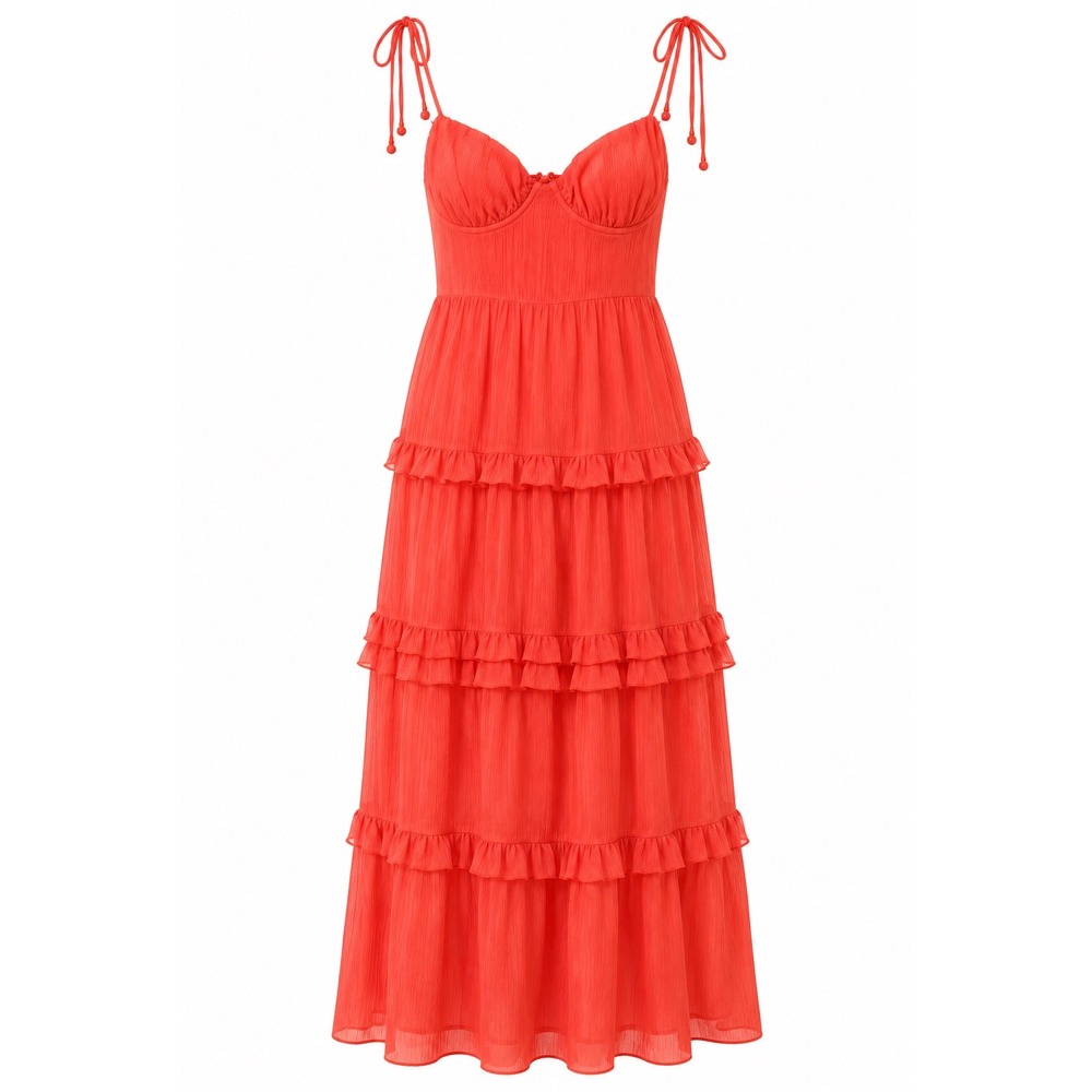 Tularosa Tiered Ruffle Long Dress Tie Strap Corset Bustier Empire Waist Coral S